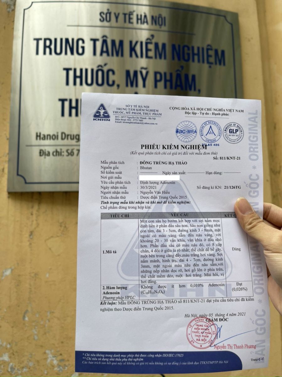 phiểu kiểm nghiệm đông trùng hạ thảo bhutan tại sở y tế hà nội